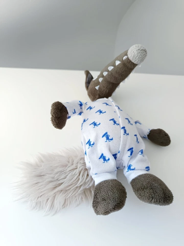 Peluche/Doudou Loup Marron Pyjama Blanc Bleu Nez Queue Beige Éditions Auzou 2014 - Photo 2/4