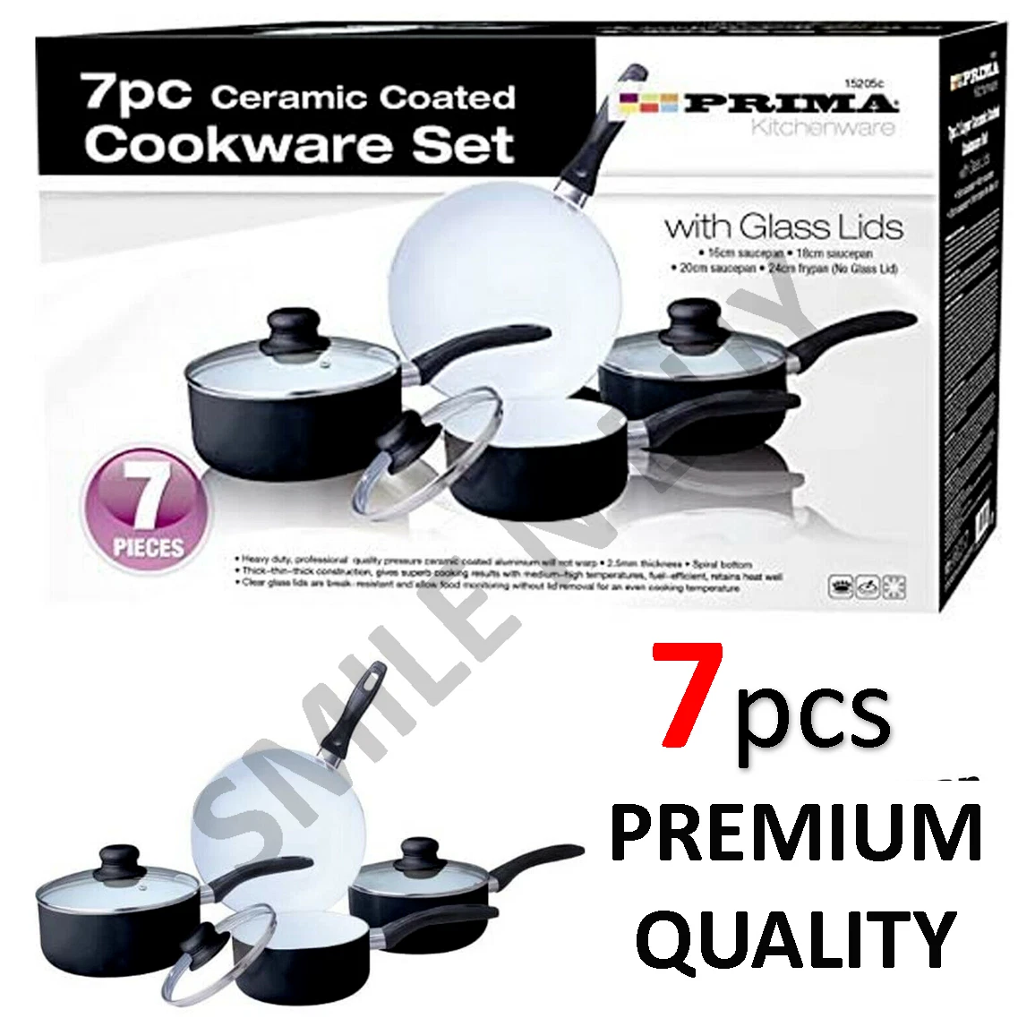 7 PC NON STICK CERAMIC KITCHEN COOKWARE SET SAUCEPAN FRYING PAN POT GLASS LID UK
