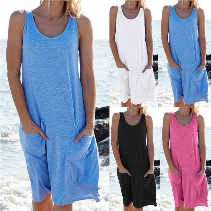 Women Neck Sleeveless Solid Color Casual Midi Long T-Shirt Dress Beachwear
