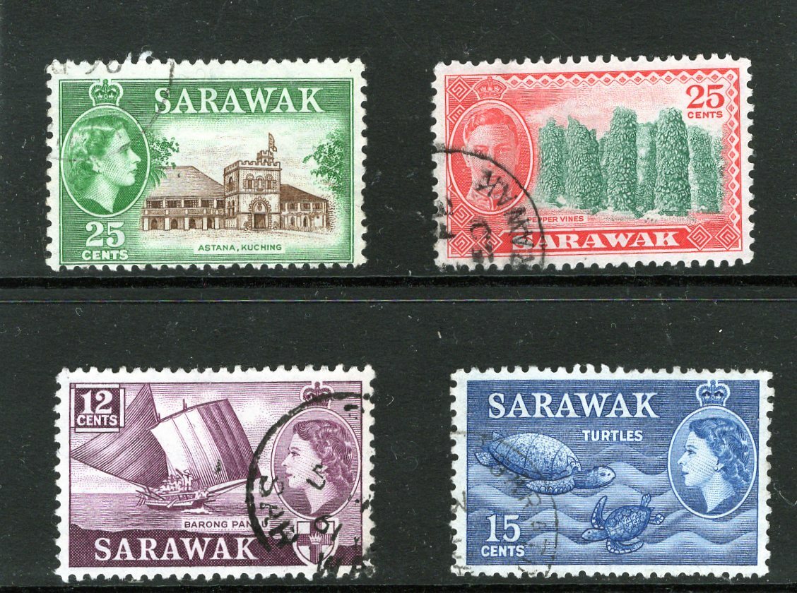 Sarawak 1950-1952 Mi 184, 25c G VI, 1955-1957 Mi 196-197, 199 E II