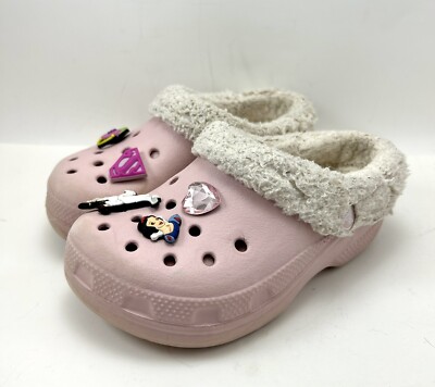 Crocs Classic Kids Pink Fleece Lined Clogs Girls 10/11 Jibbitz