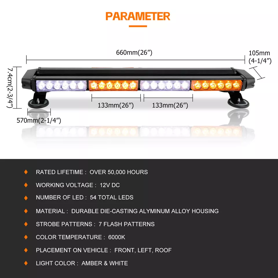 LED Amber White Rooftop Emergency Strobe Light Bar Warning Light Traffic Advisor - Image 3 of 4