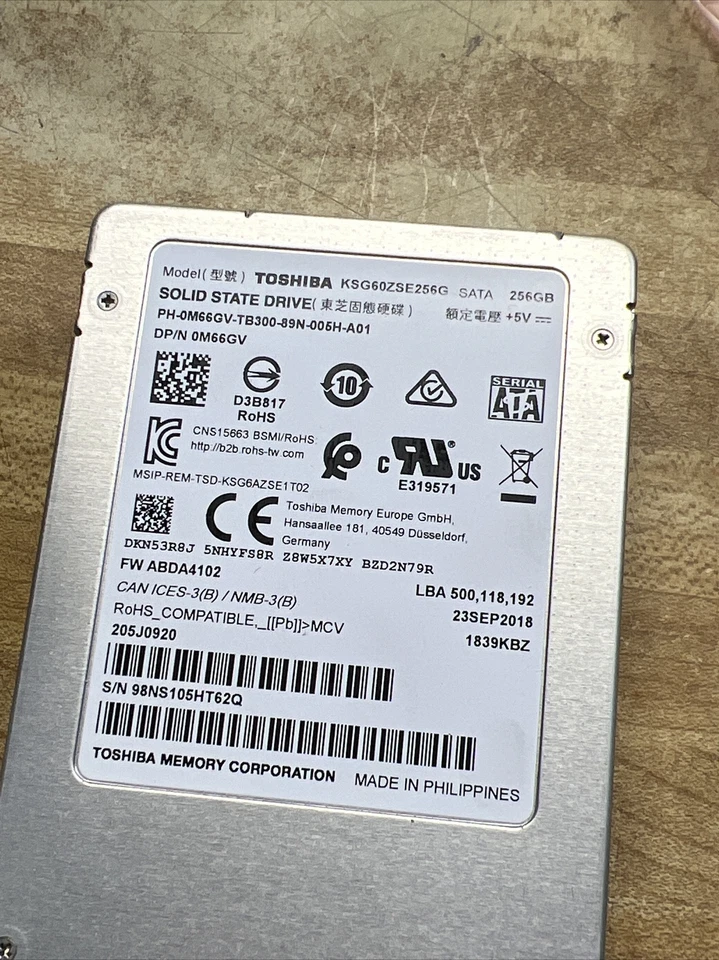 Toshiba 0M66GV 256GB SSD 2.5" SATA Model: KSG60ZSE256G DP/N: M66GV - Image 2 of 2