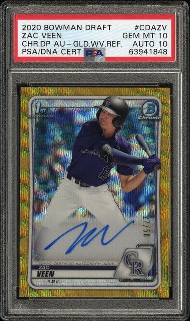 PSA 10 ZAC VEEN AUTO 1st 2020 Bowman Chrome GOLD WAVE REFRACTOR #/50 RC GEM MINT