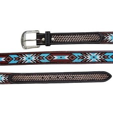 Western Rodeo Brown Tooled Leather Multi Color Beaded Belt Basket Billet Size 42