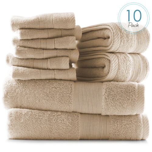 10Pc Towel Set Bath Towels Hand Towels Washcloths 100% Cotton 600 GSM Ultra Soft - Afbeelding 1 van 59