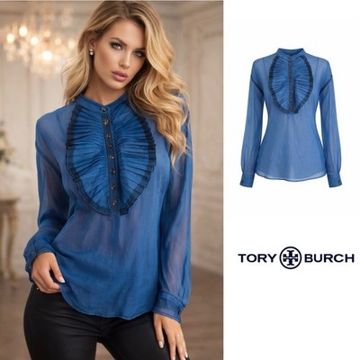 NEW TORY BURCH Ruffle Front Blouse In Blue Dream Size 10