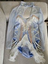 Women s Blue Rhinestone Fringe Long Sleeve Dance Leotard, Mesh Polyester