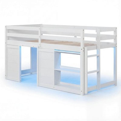 Twin Size Loft Bed with LED Lights, 2 Doors, Underbed Space & Shelves for Kids
