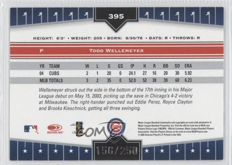 2005 Donruss Champions Red Impressions /250 Todd Wellemeyer #395 - Image 2 of 2