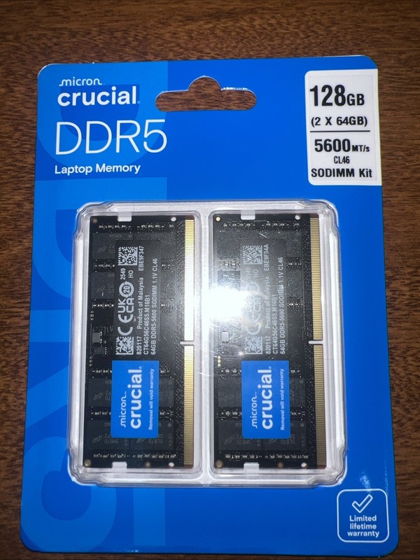 Crucial 128GB 2x64GB DDR5 5600 CL46 SODIMM Laptop Memory Kit New in sealed pack