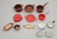 Vtg Miniature Dollhouse 13pc Lot Kitchen Cookware Pots Pans Plastic Pewter Metal