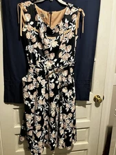 unique vintage dress xl Floral Navy Background Sleeveless Belted Zippered