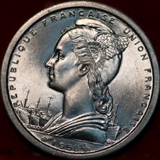 Uncirculated 1958 Madagascar 1 Franc Aluminum Foreign Coin