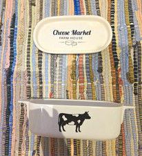 Cheese Market Farm House Ceramic Covered Butter Dish w/ Lid, Cow Print White