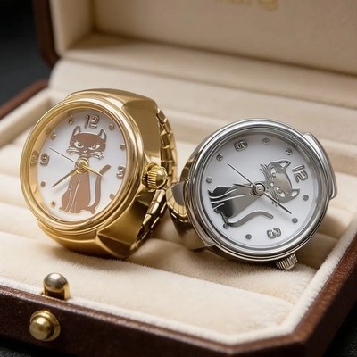 Cute Cat Ring Watch for Women Adjustable Quartz Finger Watch Gold Silver Fashion