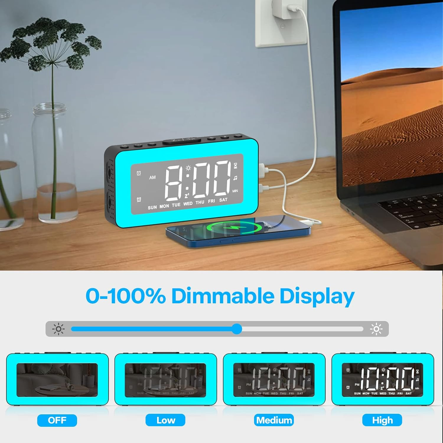 Kids Alarm Clock for Bedroom, Mirrored Digital Clock with 8 RGB Night Lights, 0%