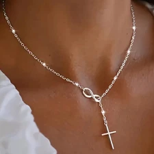 Brend New Elegant Alloy Silvery  Cross & Infinity Symbol Pendant Chain Necklace 