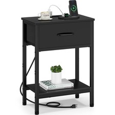 Black Nightstand with Charging Station, End Table with Fabric Drawer, Small S...
