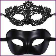 2pcs Elegant Black Lace Masquerade Mask Set for Couples - Perfect