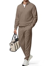 Men Fashion Comfy Twill Essential 2 Piece Set Quarter Zip Workout Sweatsuits ...