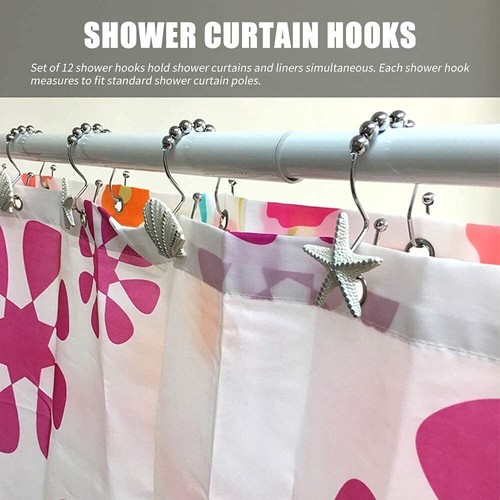 Decorative Shower Curtain Hooks,12 PcsSeashell Double Glide Shower Curtain Hooks - Picture 3 of 9
