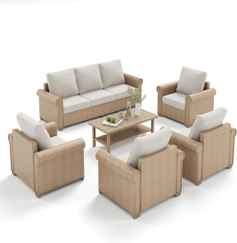 6Pcs Wicker Rattan Patio Conversation Set Outdoor Patio Furniture Set with Table - Picture 10 of 11