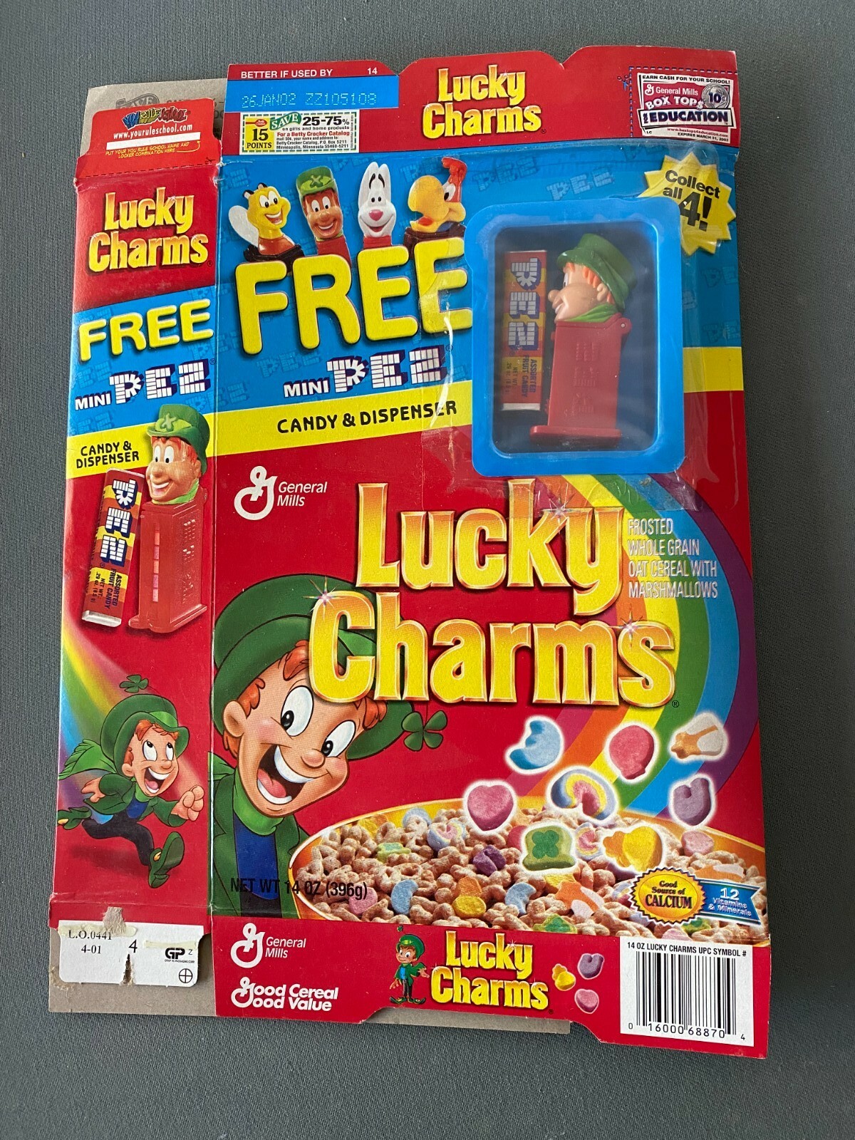 Lucky Charms free MiniPez candy and "Lucky" Dispenser cereal box from