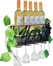 Wine Holder Wall Mounted - Stores 4 Glasses 5 Wine Bottles - with Cork Holder St