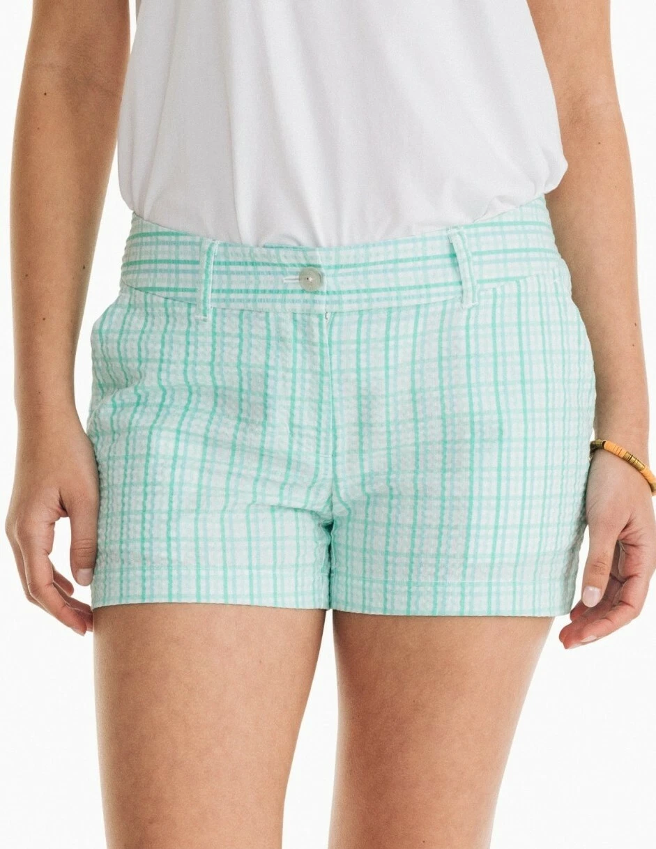 Southern Tide Women's Bermuda Teal Gingham Leah Seersucker Shorts Size 2