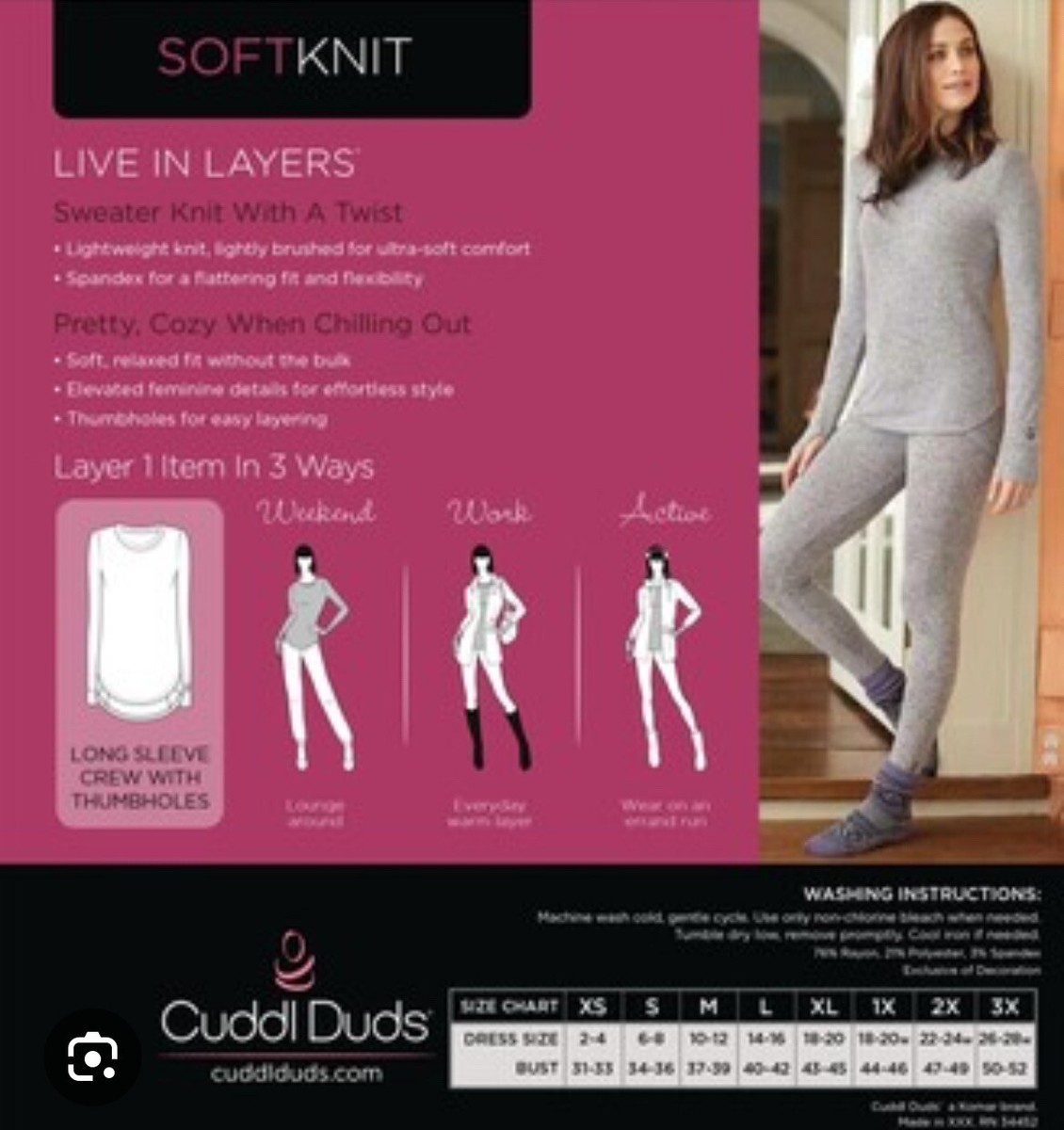 Cuddl Duds Legging Long Sleeve Crew Set XS Grey Heather Warm Layers Soft  Knit