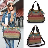 Ladies Messenger Canvas Stripe Handbag Women CrossbodyTote Shoulder Satchel Bag