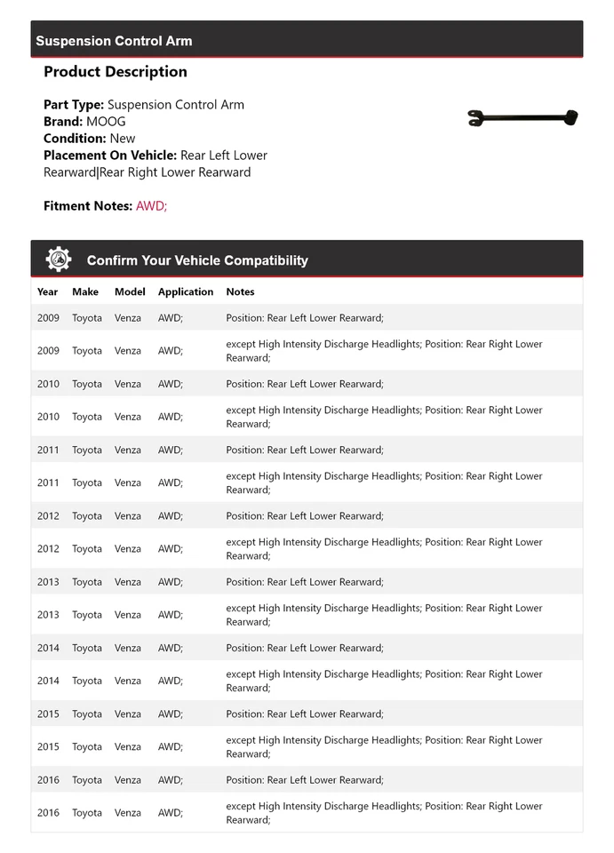 Brazo de control de suspensión para Toyota Venza 2009-2016 AWD MOOG 2009 2010 2011 2012 Foto 2 de 4