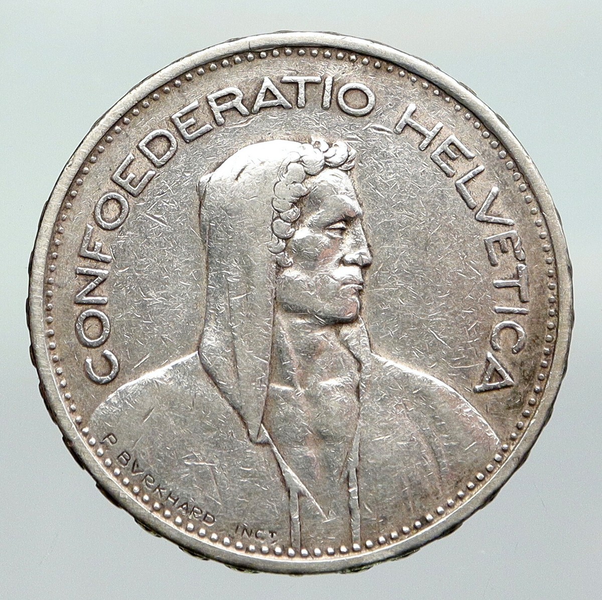 （19900円お得）SWISS PERFECTION R5-28 ブースター 1932 B Switzerland Founding HERO WILLIAM TELL 5 Francs Silver