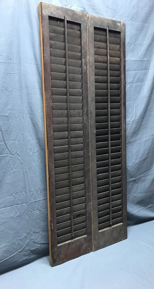 Antiguo Par de Persianas con Persianas de Madera para Ventana 9x43 Interior Natural Antiguo 1802-22B Foto 4 de 4