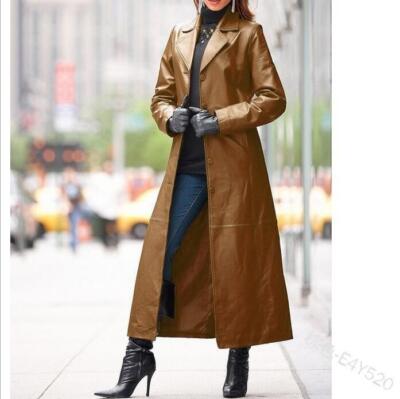New Women's Faux Leather Long Jackets PU Lapel Over the knee Coat Casual Outwear