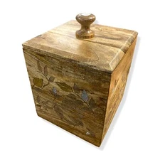 $120 GG Collection Mango Wood Laser Metal Inlay Leaf Medium Storage Cannister