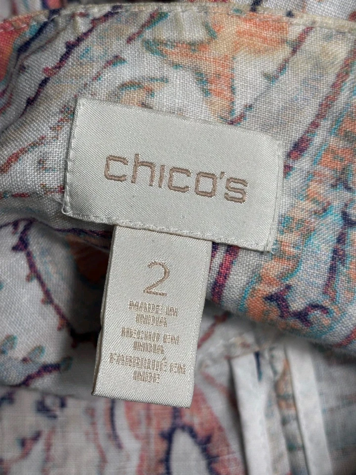 Chico's Linen Jacket Womens Size 2 US L Paisley Front Zip Closure 3/4 Sleeves - Image 3 of 4