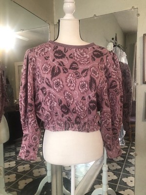 Free People Top Womens Size S Pink Cropped Floral Festival Preppy Puff Sleeve