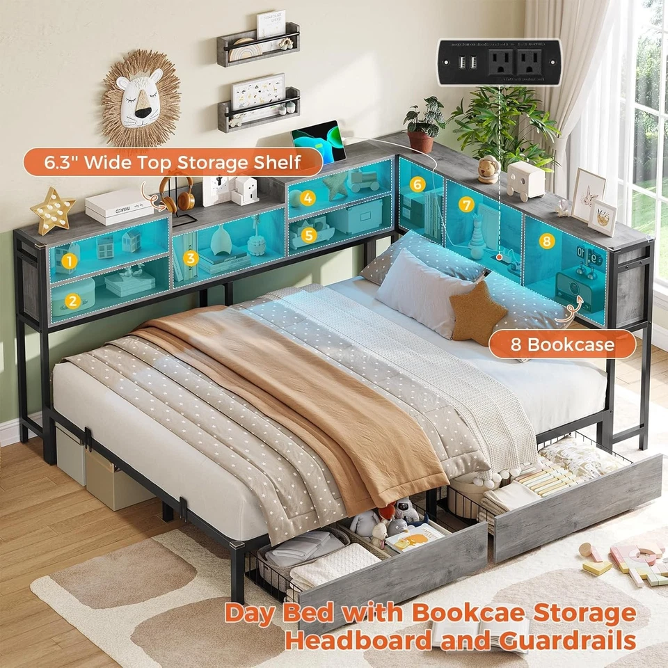 Full Daybed Corner Bed Frame with Charging Station,Led Lights,Bookcase Storage - Image 4 of 4