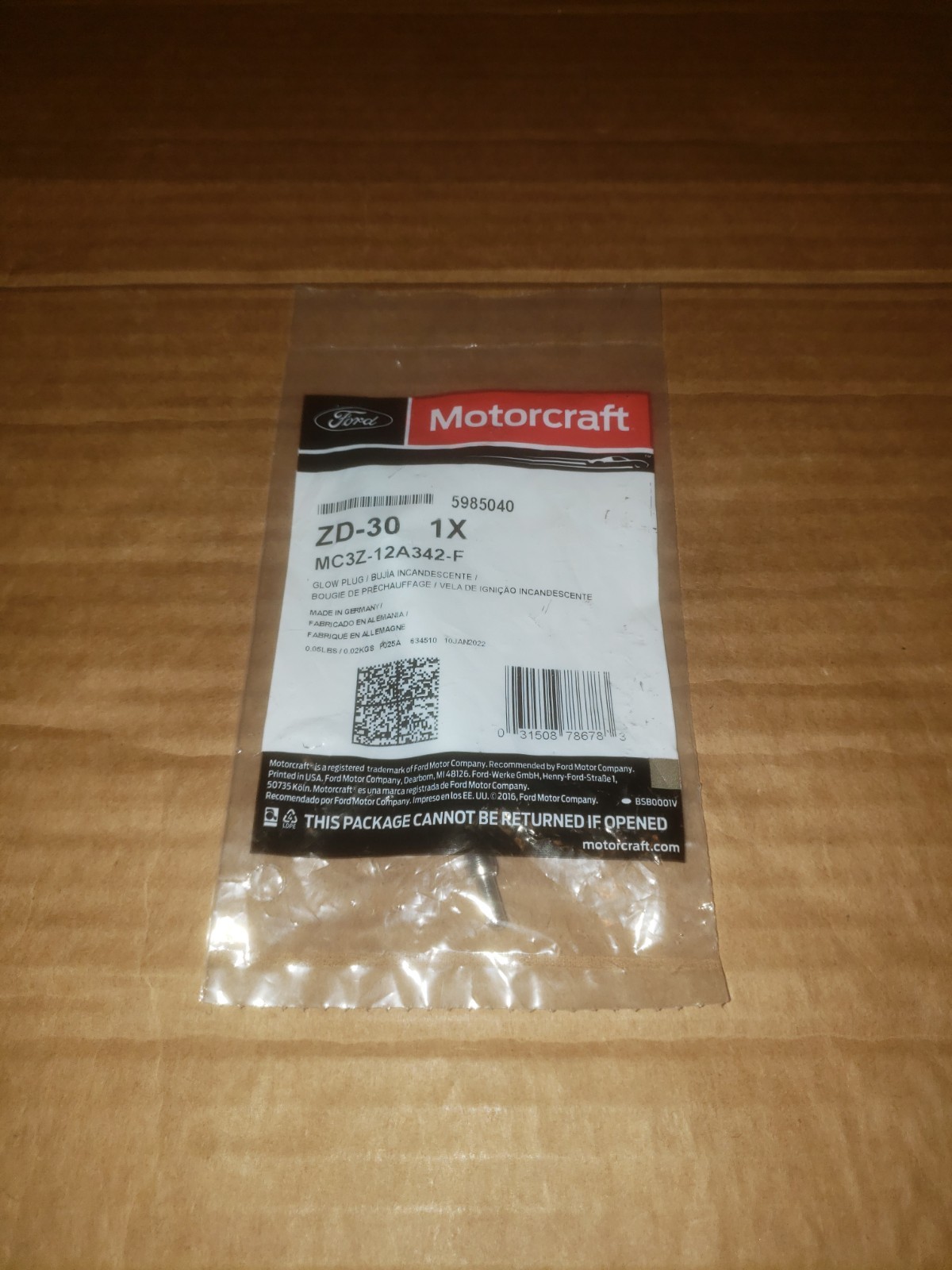 Genuine OEM Ford Motorcraft Diesel Glow Plug ZD-30 MC3Z-12A342-F