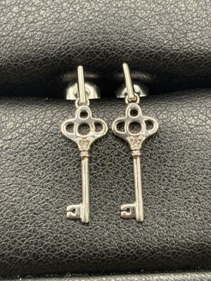 New Condition Sterling Silver Genuine Diamond Key Dangle Earrings 925