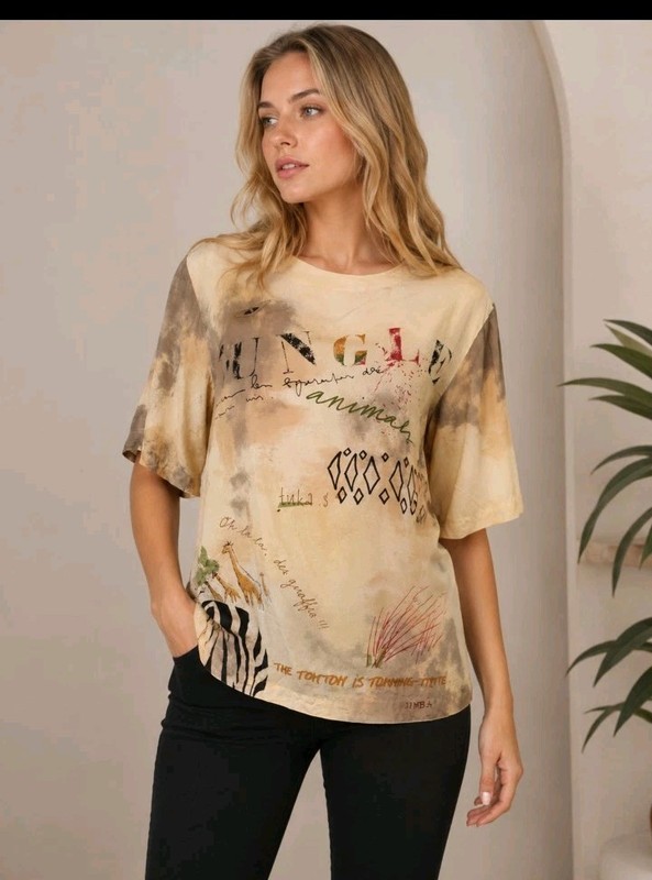 vintage 90s August Silk blouse M beige Abstract Moroccan animal print Motif #CC