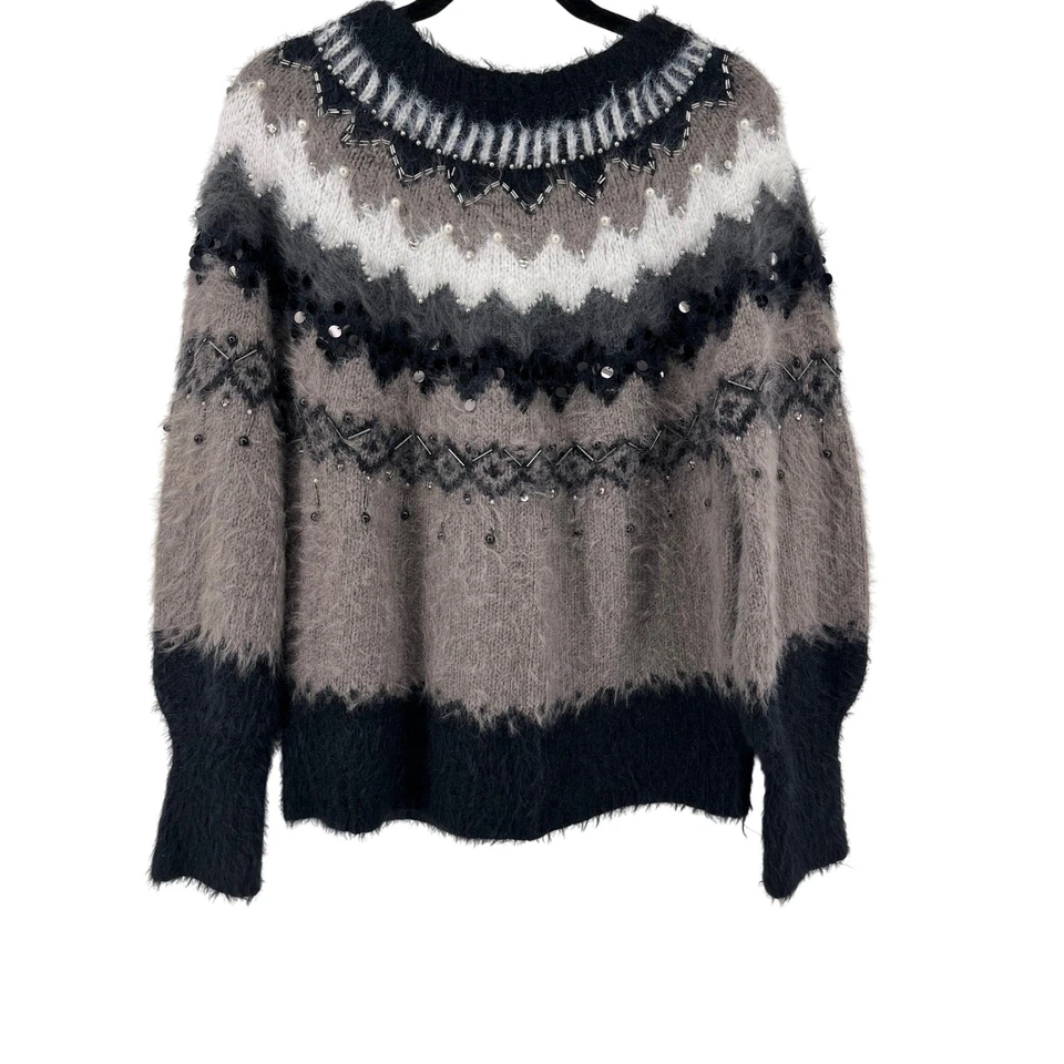 Сон на снегу Anthropologie украшенный Fair Isle пушистый свитер вязаный шерсти M - Изображение 3 из 4