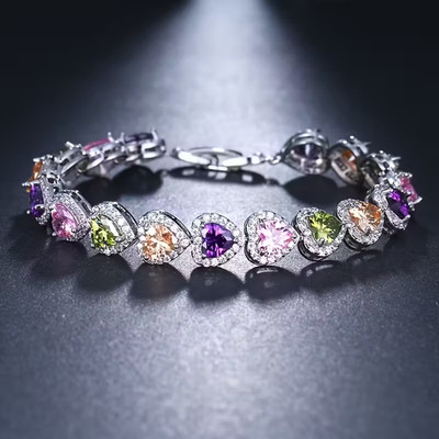 14.50Ctw Heart Cut Lab Created Multicolor Tennis Bracelet 14K White Gold Plated