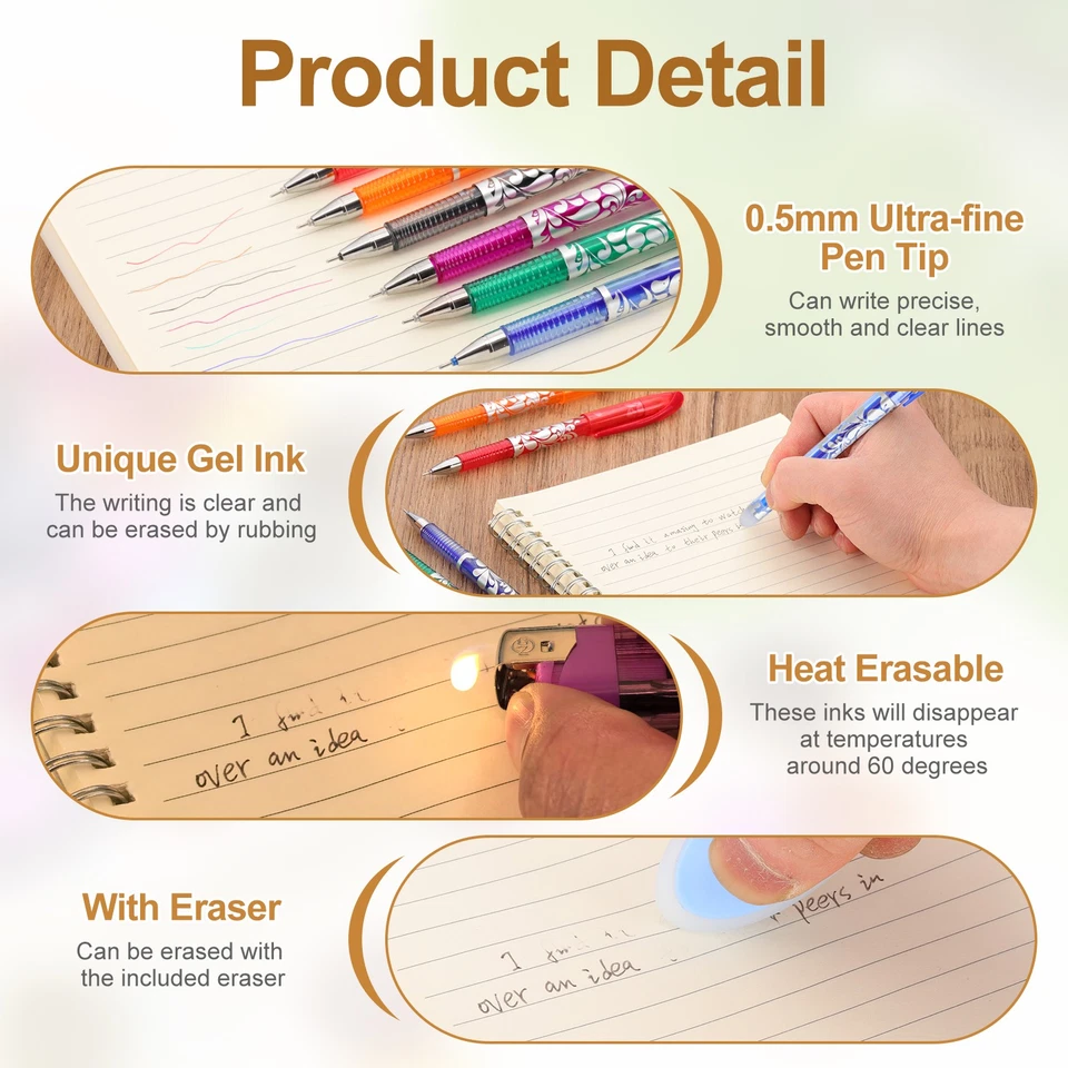 4 bolígrafos de gel borrables con 50 recambios y 2 gomas de borrar, tinta púrpura de 0,5 mm Foto 3 de 4