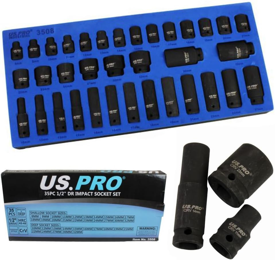 35Pc 1/2'' Dr Impact Socket Set Deep Shallow EVA Foam Tray 8-32Mm