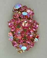 VTG Juliana D&E Brooch Pink Rhinestone Crystal Cha Cha Beads 25 grams 2.5" Wide