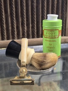 Vintage Barber Shaving Brushes Metal, Wood, Razor, & Foot Powder Collection