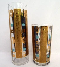 Vintage GEORGES BRIARD Turquoise Crown & Gold Bars Cocktail Glasses MCM Signed